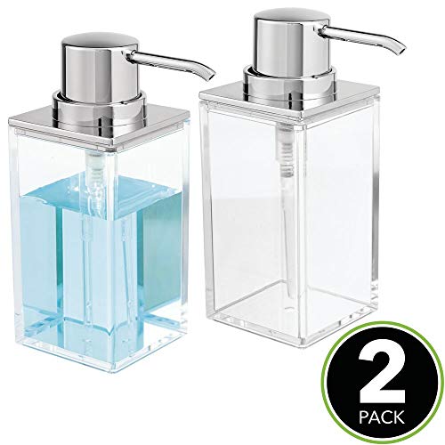 mDesign Juego de 2 dosificadores de jabón recargables – Útil dispensador de jabón líquido de aprox. 300 ml – Elegante dispensador de jabón de manos de plástico para el baño – transparente/plateado