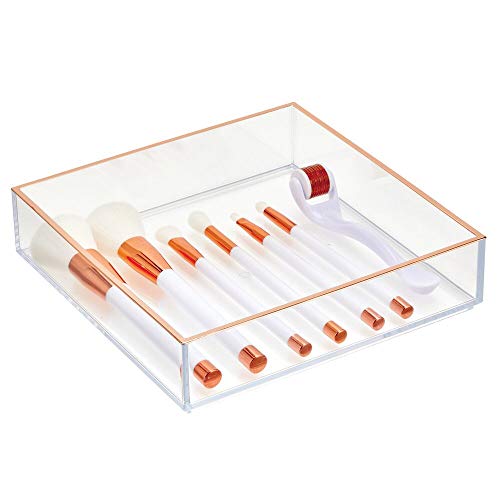 mDesign Organizador de Maquillaje – Útiles Cajas organizadoras para cosméticos, labiales, esmaltes de uñas, etc. – Cajas apilables para baño o Dormitorio – Transparente y Dorado Rojizo