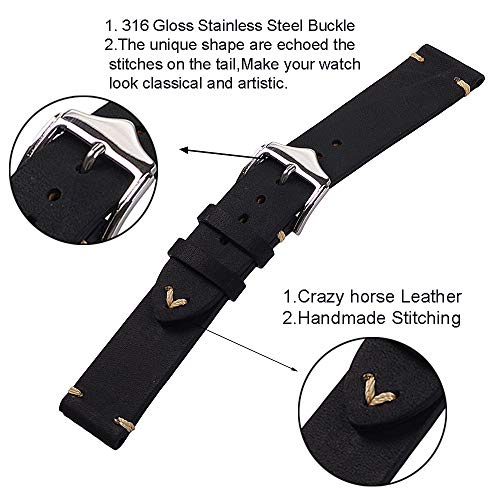 Men Watch Strap,EACHE Crazy Horse Genuine Leather Watch Band,Watchbands for Women,Black-20mm