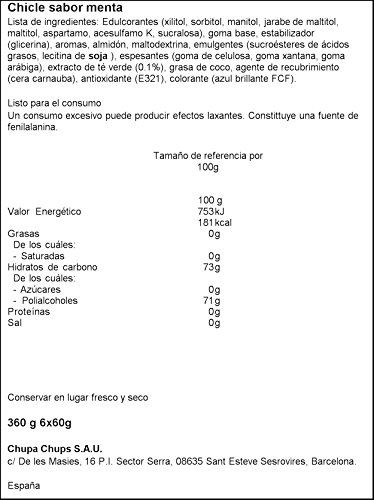 Mentos Chicle Menta, Sin Azúcar - 6 unidades de 60 gr. (Total 360 gr.)