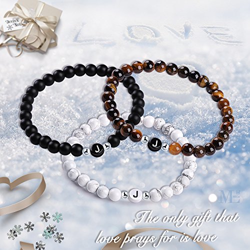 MicLee Nombre Pulsera de Amistad Hecha de Piedras Naturales con Cuentas de Letras de J, Juego de 3 Pulseras para Mujeres Hombre, con Caja de Regalo Tarjeta de Felicitación