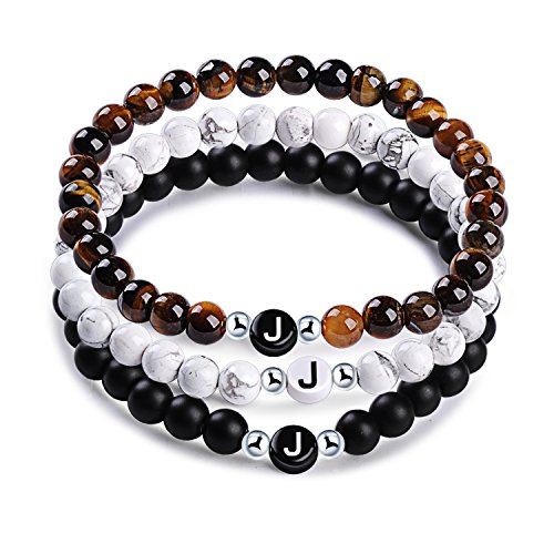 MicLee Nombre Pulsera de Amistad Hecha de Piedras Naturales con Cuentas de Letras de J, Juego de 3 Pulseras para Mujeres Hombre, con Caja de Regalo Tarjeta de Felicitación