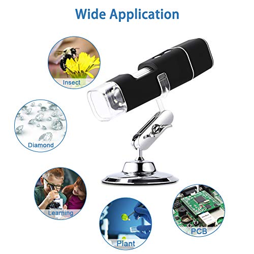 Microscopio Digital WiFi HD 2MP, 1000x Microscopio Inalámbrico 1080P HD con Zoom, Recargable, 8 LED, USB 2.0, Soporte de Metal, Microscopio Endoscopio Camara para iPhone iOS Android iPad Windows Mac