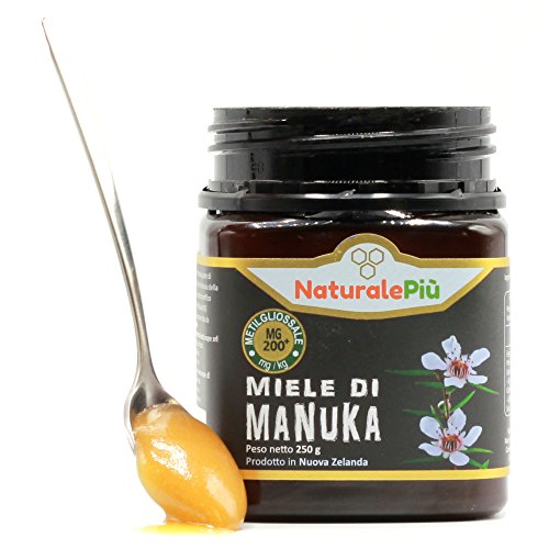 Miel de Manuka 200+ MGO 250g. Producida en Nueva Zelanda, activa y cruda, 100% pura y natural. Metilglioxial probado por laboratorios acreditados. NATURALEPIÙ