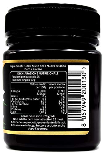 Miel de Manuka 200+ MGO 250g. Producida en Nueva Zelanda, activa y cruda, 100% pura y natural. Metilglioxial probado por laboratorios acreditados. NATURALEPIÙ