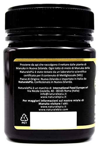 Miel de Manuka 500+ MGO 250g. Producida en Nueva Zelanda, activa y cruda, 100% pura y natural. Metilglioxial probado por laboratorios acreditados. NATURALEPIÙ