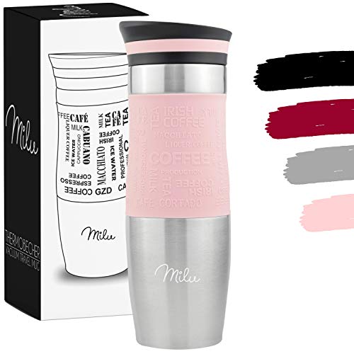 Milu Termo Taza 370ml, 450ml - Vaso Termico de Viaje - Café para Llevar - Taza de Viaje - Taza de acero inoxidable para beber - con aislamiento de doble pared (450ml, Rosa)