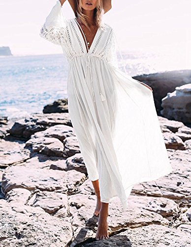 Minetom Mujer Boho Sexy Encaje Crochet Bikini Cubrir Cover Up Pareos Verano Casual Suelto Vestido Largo de Playa Vacaciones Sundress Blanco Tamaño Libre (ES 34-44)