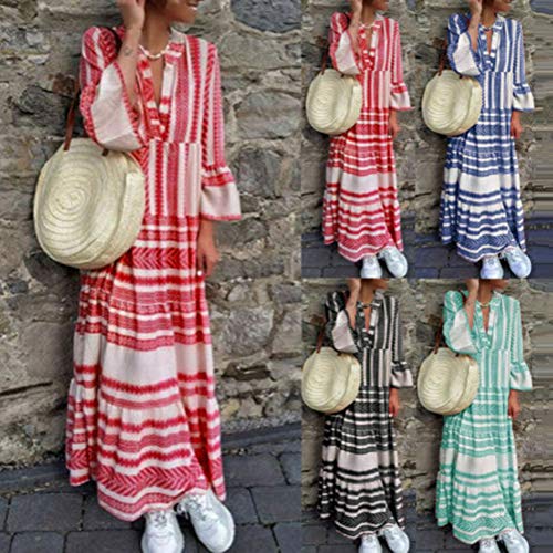 Minetom Mujer Vestidos de Verano Impresión Bohemia Vestido de Camiseta Chic Manga 3/4 Sueltos Vestidos de Playa Boho V-Cuello Maxi Dress B Rosa ES 38