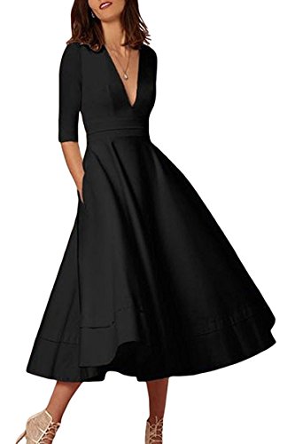 Minetom Mujer Vintage Vestidos Elegante Manga 1/2 Cuello en V Profundo Color Puro Vestir de Cóctel Fiesta Noche Midi Swing Dress Negro ES 34