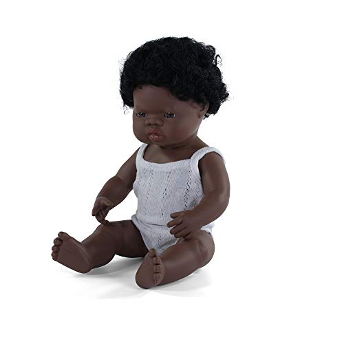 Miniland – Muñeco bebé Africano Niño de vinilo suave de 38cm con rasgos étnicos y sexuado para el aprendizaje de la diversidad con suave y agradable perfume. Presentado en caja de regalo.