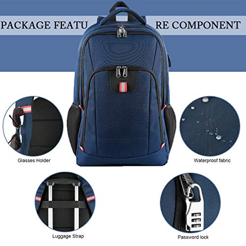 Mochila Antirrobo Impermeable, Mochila Portátil Hombre 17.3 Pulgadas Puerto USB Impermeable Trabajo Ordenador Viaje Negocio Multifuncional Daypacks Azul