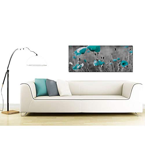 Modern Black and White Canvas Prints of Teal Poppies - Wide Turquoise Floral Wall Art - 1139 - WallfillersÃ‚Â® by Wallfillers