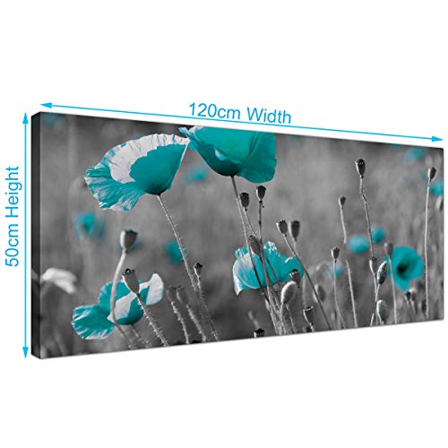 Modern Black and White Canvas Prints of Teal Poppies - Wide Turquoise Floral Wall Art - 1139 - WallfillersÃ‚Â® by Wallfillers