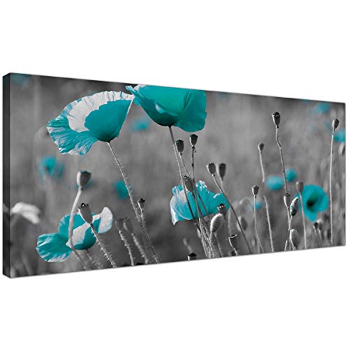 Modern Black and White Canvas Prints of Teal Poppies - Wide Turquoise Floral Wall Art - 1139 - WallfillersÃ‚Â® by Wallfillers
