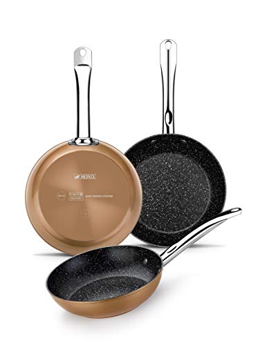 Monix M740040 Copper - Set de 3 Sartenes Efecto Cobre, Aluminio Forjado Antiadherente con Partículas de Titanio, Aptas para Todo Tipo de Cocinas incluso Inducción, 20-24-28 cm