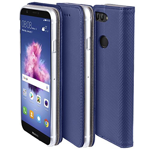 Moozy Funda para Huawei P Smart, Azul Oscura - Flip Cover Smart Magnética con Stand Plegable y Soporte de Silicona