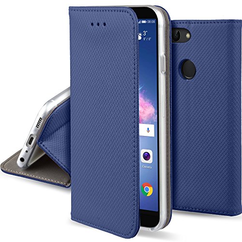 Moozy Funda para Huawei P Smart, Azul Oscura - Flip Cover Smart Magnética con Stand Plegable y Soporte de Silicona