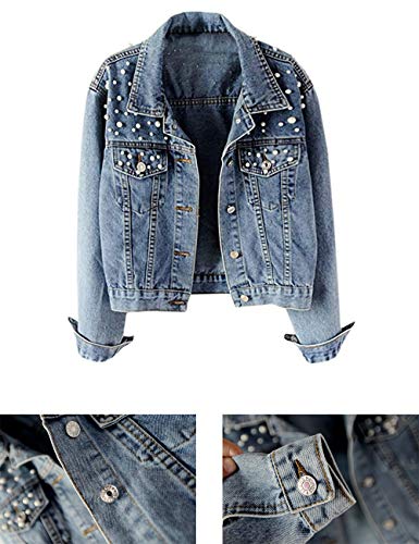 Mujer Chaqueta Vaquera con Botones Y Perla Manga Larga Casual Abrigo Azul 4XL