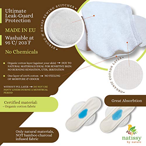 Natissy Salvaslips de tela reutilizables, 7-Pack Protege Slips de algodón ORGÁNICO con alas HECHAS EN LA UE, Compresas sin PUL, Toallas Sanitarias para uso diario y flujo blanco, NO para menstruación