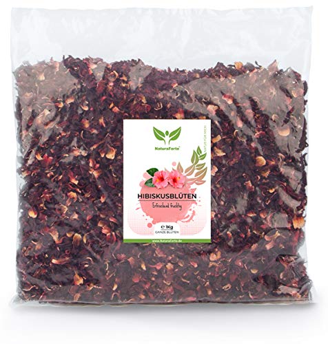 NaturaForte 1000g Flores de Hibisco - Calidad Premium. Flores enteras secadas al aire para té de hibisco. Sin colorantes, sabores o aditivos artificiales ni azufre