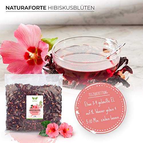 NaturaForte 1000g Flores de Hibisco - Calidad Premium. Flores enteras secadas al aire para té de hibisco. Sin colorantes, sabores o aditivos artificiales ni azufre