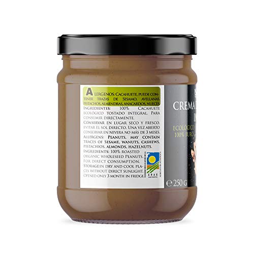 NATURSEED Crema de Cacahuete Organica 100% Natural Ecologica - Sin azúcar, Sin Sal, Sin Gluten, Sin Lactosa - Cacahuetes Bio Europeos Crudos con Piel - Sabor Dulce - Proteinas - Gratis Recetas (250GR)