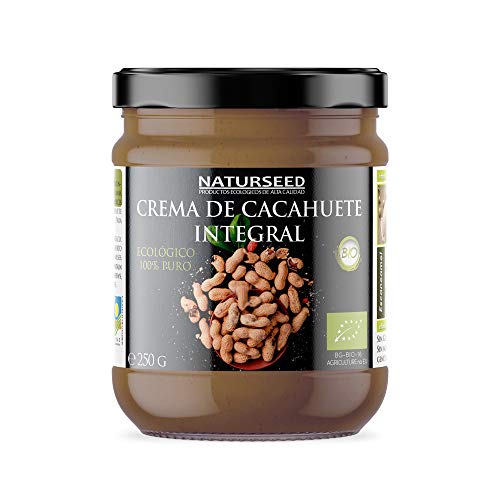 NATURSEED Crema de Cacahuete Organica 100% Natural Ecologica - Sin azúcar, Sin Sal, Sin Gluten, Sin Lactosa - Cacahuetes Bio Europeos Crudos con Piel - Sabor Dulce - Proteinas - Gratis Recetas (250GR)