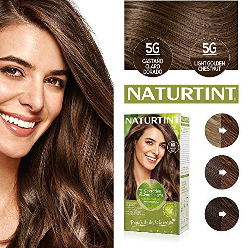 Naturtint Coloración 5G Castaño Claro Dorado, 100% Cobertura de canas y Hidratación, Ingredientes Vegetales y Aceites 100% Biobotánicos, Color Natural y Duradero, Sin Amoniaco, Pack de 3.