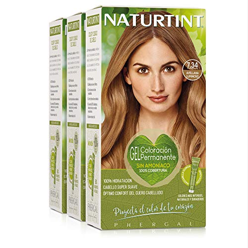 Naturtint Coloración 7.34 Avellana Luminoso, 100% Cobertura de canas y Hidratación, Ingredientes Vegetales y Aceites 100% Biobotánicos, Color Natural y Duradero, Sin Amoniaco, Pack de 3.