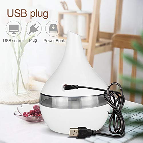 NEWKBO 300ml USB Aroma Esencial Difusor De Aceite Esencial Humidificador Ultrasónico con Grano De Madera Eléctrico Luces LED Difusor De Aroma para El Hogar (Blanco)