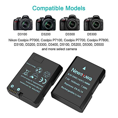 Newmowa EN-EL14 Batería de Repuesto (Paquete de 2) y Smart LCD Cargador Dual USB para Nikon EN-EL14, EN-EL14a y Nikon P7000, P7100, P7700, P7800, D3100, D3200, D3300, D3500, D5100, D5200, D5300,D5500