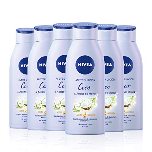 NIVEA Aceite en Loción Coco & Aceite de Monoi, aceite corporal con aroma a coco, loción hidratante de cuidado corporal para piel seca y normal - pack de 6 x 400 ml