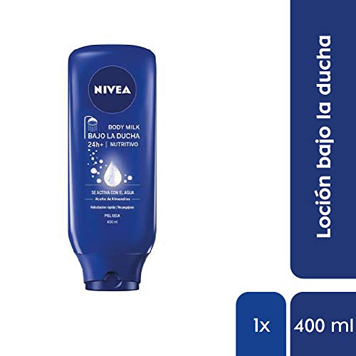 NIVEA Bajo la Ducha Body Milk Nutritivo (1 x 400 ml), leche hidratante para la ducha, acondicionador de piel con aceite de almendras para el cuidado de la piel seca