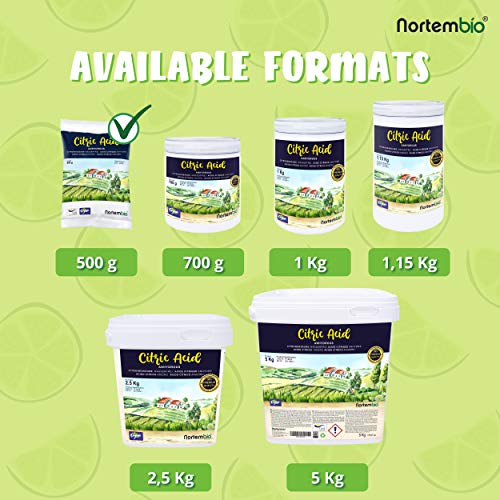 Nortembio Ácido Cítrico 500 g. Polvo Anhidro, 100% Puro. para Producción Ecológica.