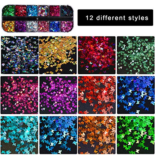 Novsix 12 colores/set Nail glitter glitter Forma de mariposa Lentejuelas 3D Nail Art Tips Charms para nail art/Craft/Makeup