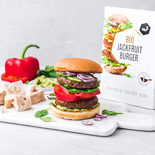nu3 Bio Jackfruit Burger - 2 x 90g hamburguesas veganas hecha a base de yaca - Veggie burger frita en 5 minutos – 15g de proteína vegetal– Carne 100% vegana baja en grasa y con fibra dietética