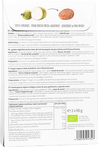 nu3 Bio Jackfruit Burger - 2 x 90g hamburguesas veganas hecha a base de yaca - Veggie burger frita en 5 minutos – 15g de proteína vegetal– Carne 100% vegana baja en grasa y con fibra dietética