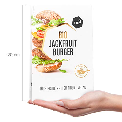 nu3 Bio Jackfruit Burger - 2 x 90g hamburguesas veganas hecha a base de yaca - Veggie burger frita en 5 minutos – 15g de proteína vegetal– Carne 100% vegana baja en grasa y con fibra dietética