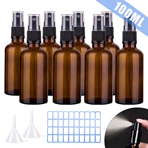 O-Kinee Spray de Vidrio ámbar 8 pcs Botella de Vidrio ámbar Vacía con Pulverizador Negro de Niebla Fina Vacía para Aromaterapia,Primeros Auxilios,Tamaño de Viaje,Líquidos Químicos (100ml)