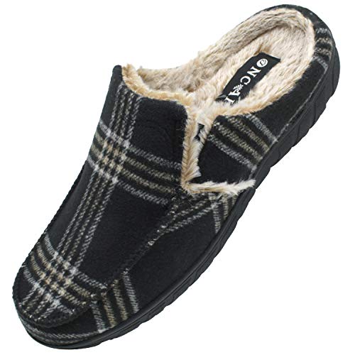 ONCAI Zapatillas de Casa para Hombre-Tartán Pantuflas Hombre de Invierno Memory Foam-Antideslizante Tweed Mocasines Zuecos Pantufla de Hombre con Suave Vellón-Lana Hombre Zapatos Intemperie Negra