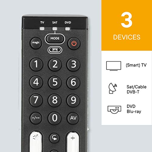 One For All URC7130 - Mando a distancia Universal Essence 3 para 3 dispositivos TV, TNT (Satélite, decodificador/cable) y DVD/Blu-ray - Control remoto universal - Funciona con todas las marcas – Negro