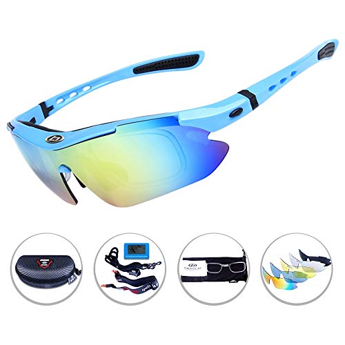 OPEL-R Gafas Ciclismo Motocross Anti-UV400 Gafas De Sol Polarizadas 5 Lentes para MTB Correr, Pescar, Conducir, Deportes Al Aire Libre,Fluorescent Blue