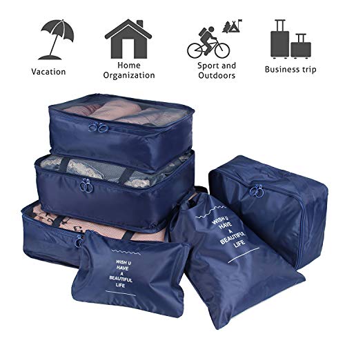 Organizador de Maletas, YouthUnion 6Pcs Bolsas de Ropa de Organizador de Equipaje de Viaje Bolsa de Almacenamiento Bolsa de Lavandería Impermeable para Ropa Interior Cosméticos (Azul Oscuro)