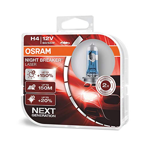OSRAM NIGHT BREAKER LASER H4, Gen 2, +150% más luz, bombillas H4 para faros delanteros, 64193NL-HCB, 12V, duo box (2 lámparas)