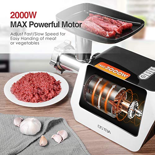 ostba Picadora de Carne Eléctrica, 2000W MAX, 5-IN-1 Salchicha y Máquina Picadora Carne con 3 Placas de Molienda, Embutidora de Salchichas, Función inversa, Motor de Cobre, Acero Inoxidable,Blanco