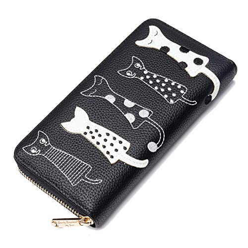 OURBAG Cartera de Mujer Monedero Lindo del Gato Bolso Largo con Cremallera Negro