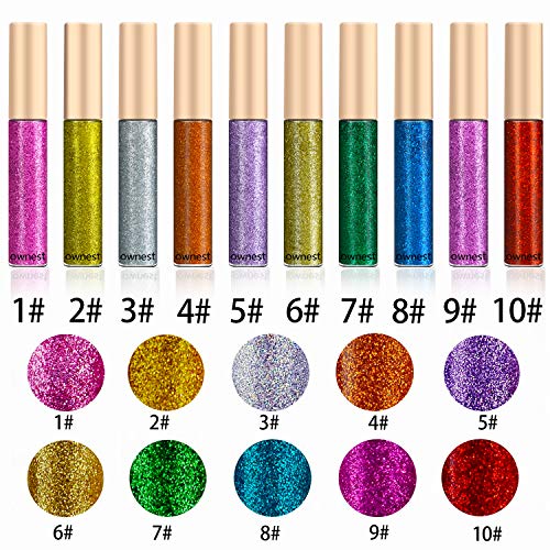 Ownest 10 Colors Liquid Glitter Eyeliner, Sombra de ojos con brillo metálico Shimmer, Sombra de ojos Shimmer Sparkling Eyeliner de larga duración a prueba de agua