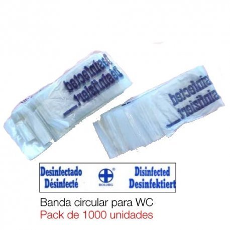 Pack 1000 precintos WC tipo banda circular. Indican que el entorno es higiénico. Especialmente indicado para hoteles, hostales y alojamientos turísticos