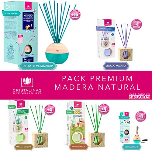 Pack Premium Madera Natural. Esfera Premium Mikado de 180ml + Mikado Madera Lavanda + Mikado Madera Jazmin + Mikado Absorbe Olor Jardin + Esfera Absorbe Olor Brisa Marina para Coche.